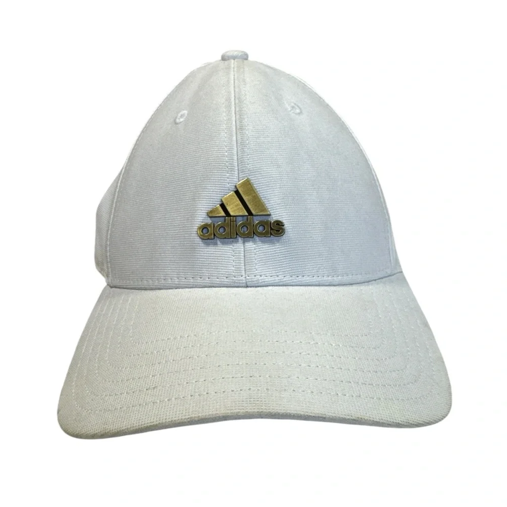 Adidas White Flexfit Hat L/XL Gold Metal Logo Performance Stretch